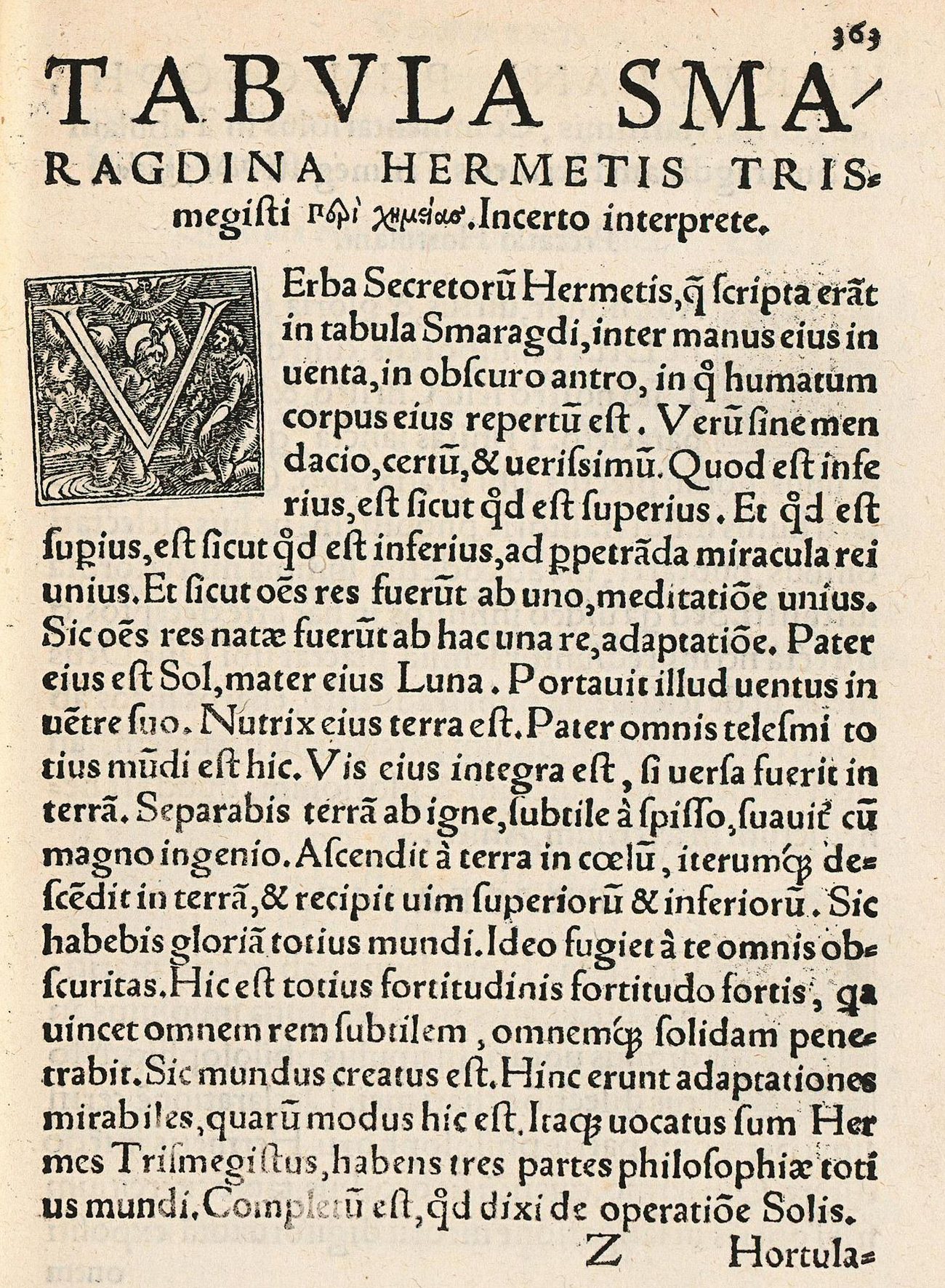 A printed page of the Latin Tabula Smaragdina from a sixteenth century edition