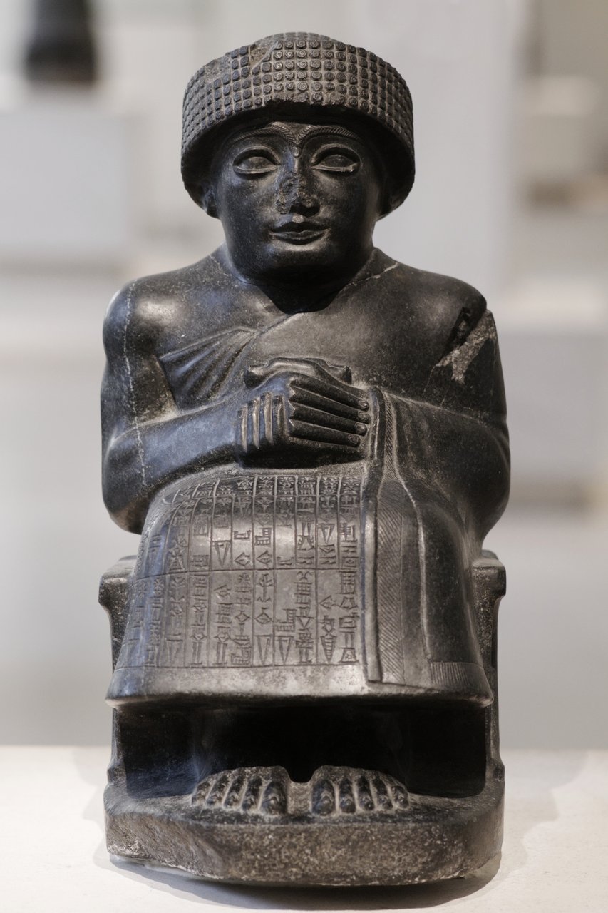 Seated diorite statue of Gudea, prince of Lagash, circa 2120 BCE, Louvre
