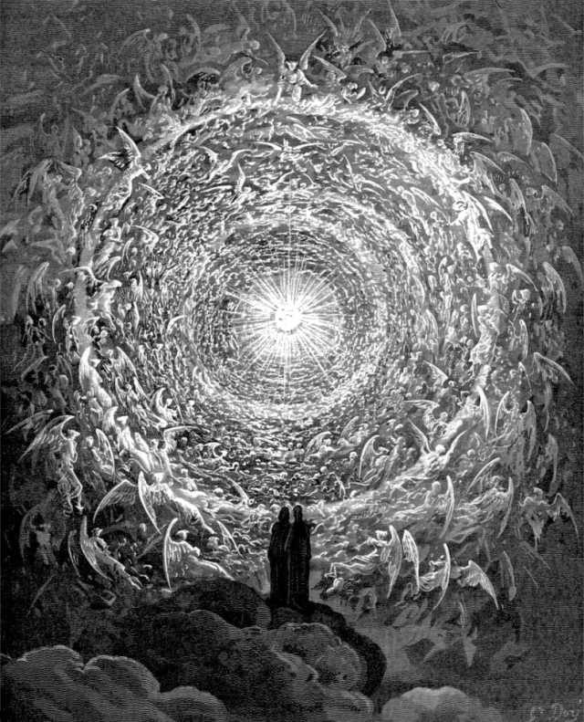 Gustave Dore's engraving of the Empyrean, the highest heaven, from Dante's Paradiso, showing tiered ranks of souls in a vast rose of light