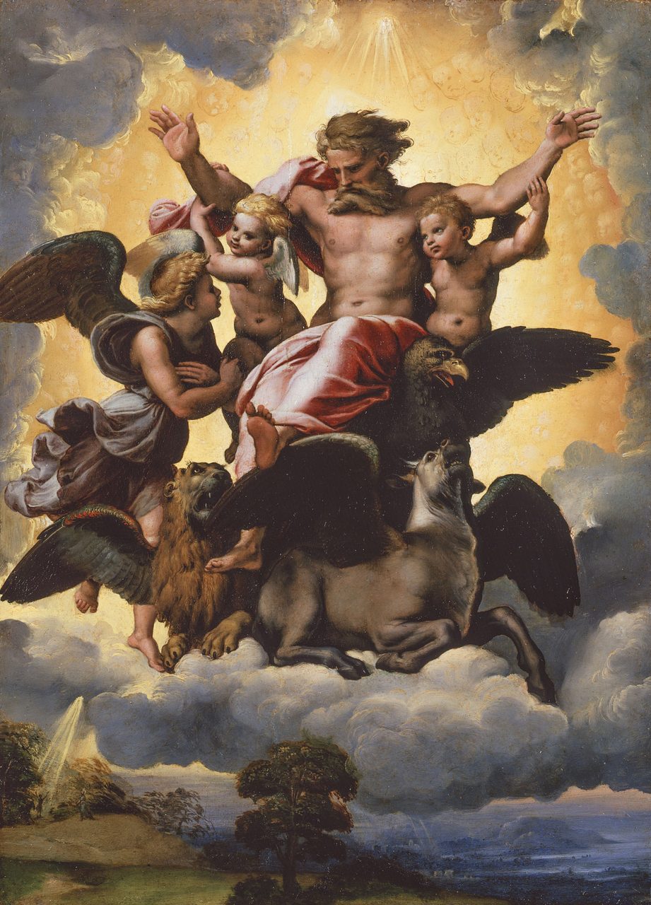 Raphael's 1518 painting Ezekiel's Vision, showing God enthroned and borne aloft amid the four living creatures