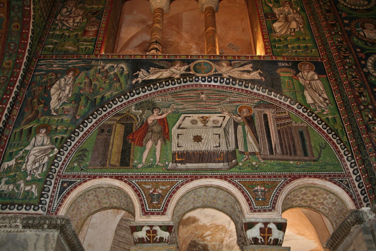 Byzantine mosaic in the Basilica of San Vitale, Ravenna, showing the sacrifice of Abel on the left and the offering of Melchizedek on the right