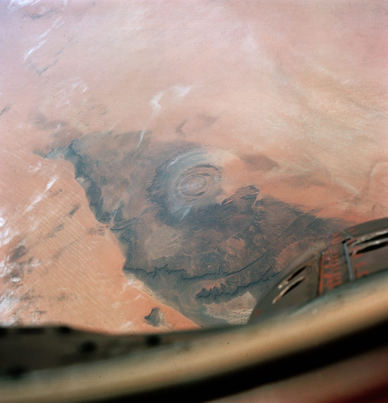 A 1965 photograph of the Richat Structure taken from the Gemini IV spacecraft, showing the concentric rings from orbit