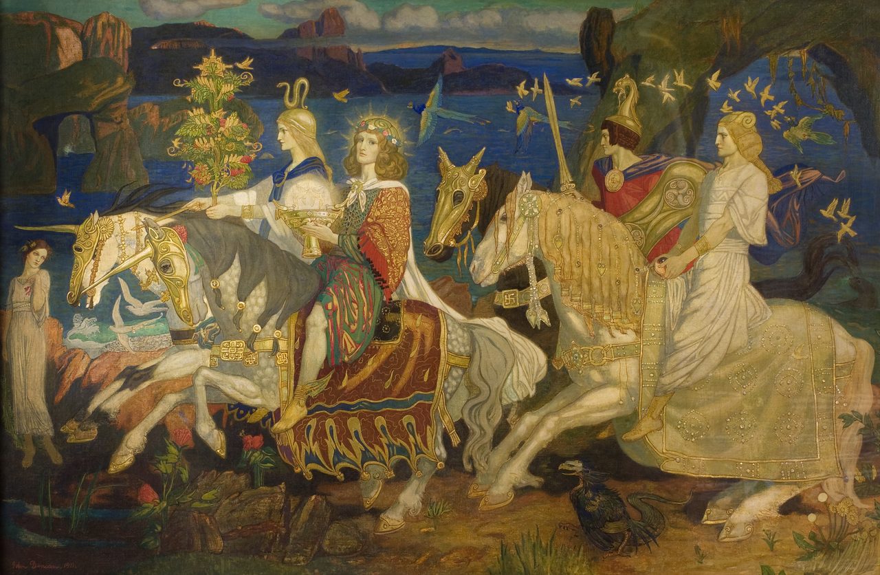 John Duncan's 1911 painting The Riders of the Sidhe, four riders on horseback carrying a branch in flower, a cup, a sword and a stone