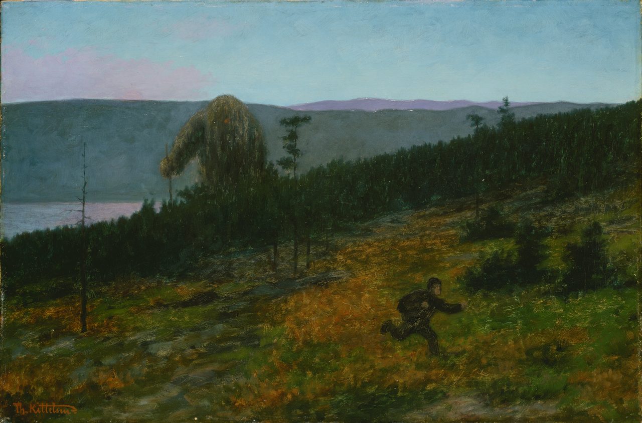 Theodor Kittelsen's painting The Ash Lad and the Troll, a boy running down a wooded slope at dusk