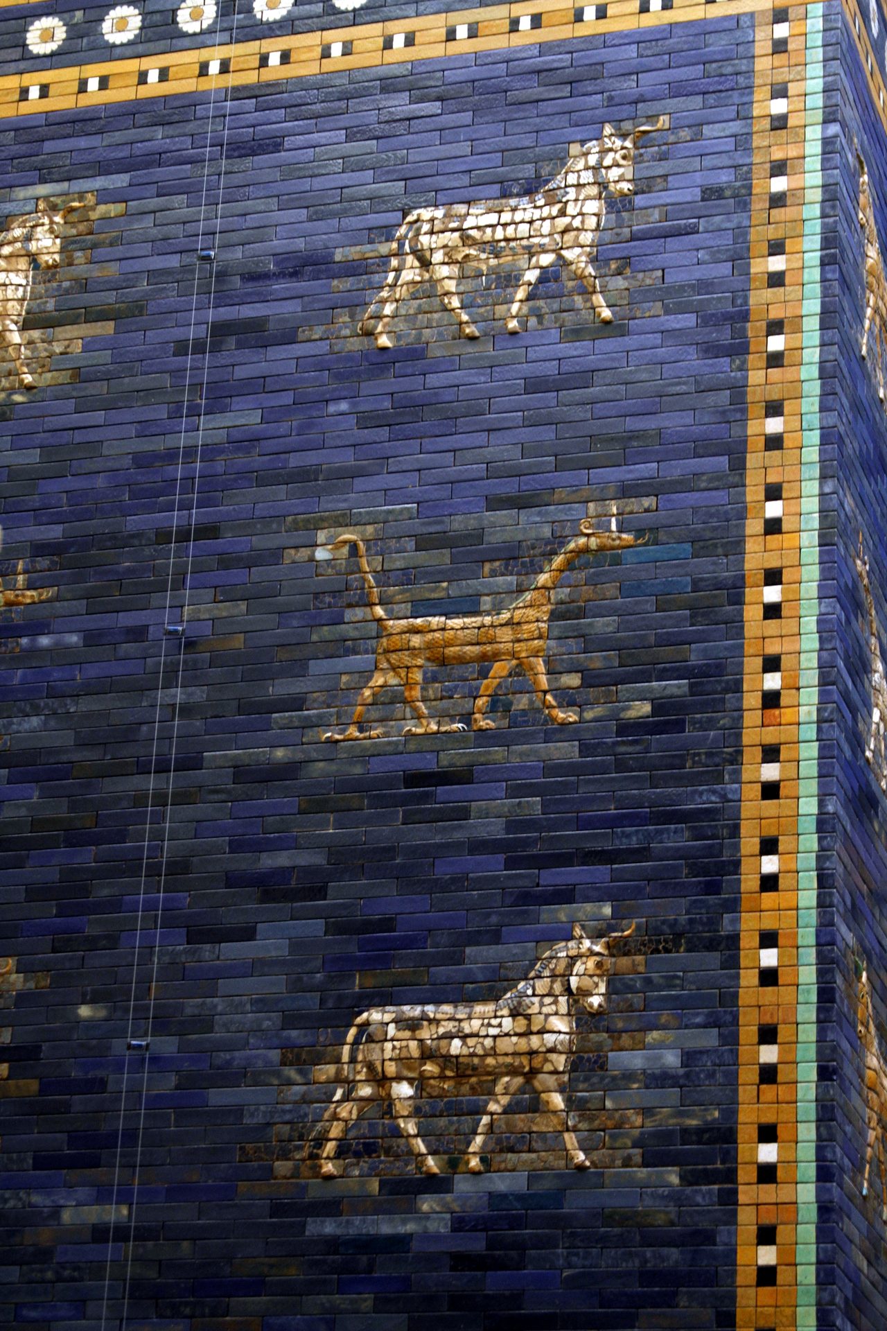 Detail of the glazed brickwork and relief animals on the reconstructed Ishtar Gate, Pergamon Museum, Berlin