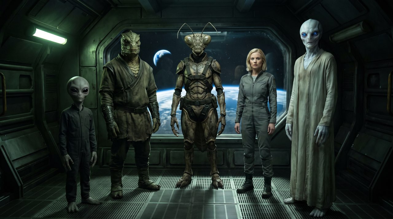 An AI-generated artist's impression of five recurring reported alien types lined up together aboard a spacecraft, overlooking Earth