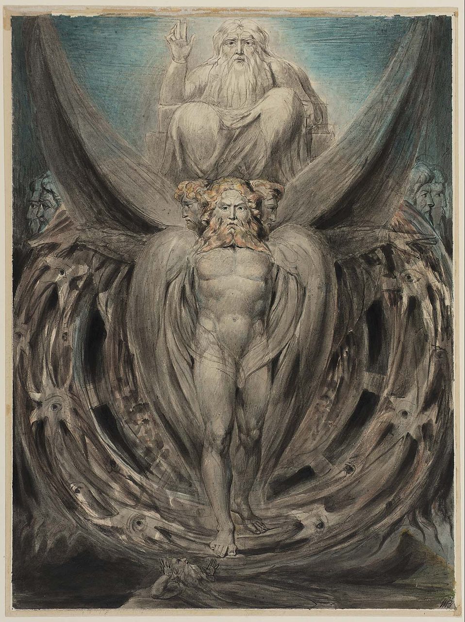 A William Blake painting of a fiery, wheeled, many-eyed vision with cherubim, illustrating Ezekiel's prophecy