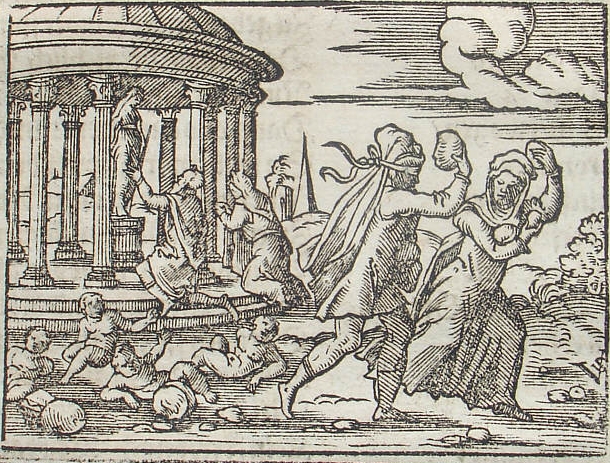 A 16th-century engraving by Virgil Solis illustrating Deucalion and Pyrrha casting stones behind them
