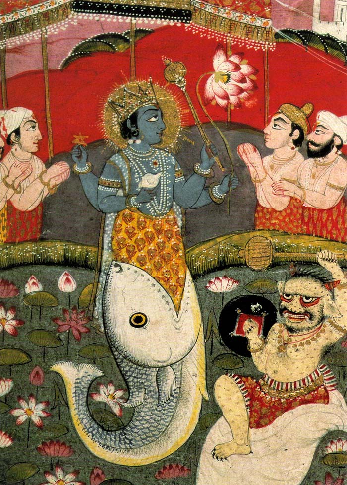 A devotional painting of Matsya, the fish incarnation of Vishnu in Hindu tradition