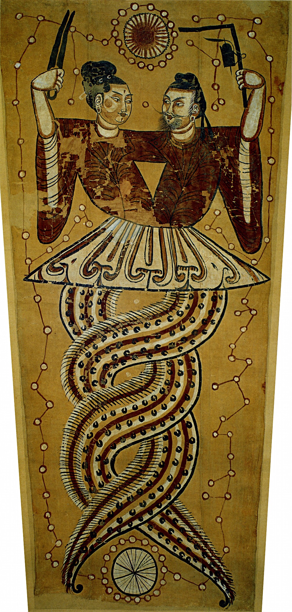 A Tang Dynasty hanging scroll depicting Nuwa and Fuxi, both with intertwined serpent tails