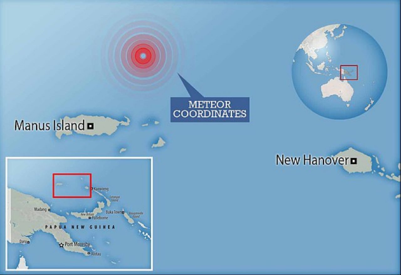 A map of the sea north of Papua New Guinea with a red concentric target marker labelled Meteor Coordinates, between Manus Island and New Hanover.