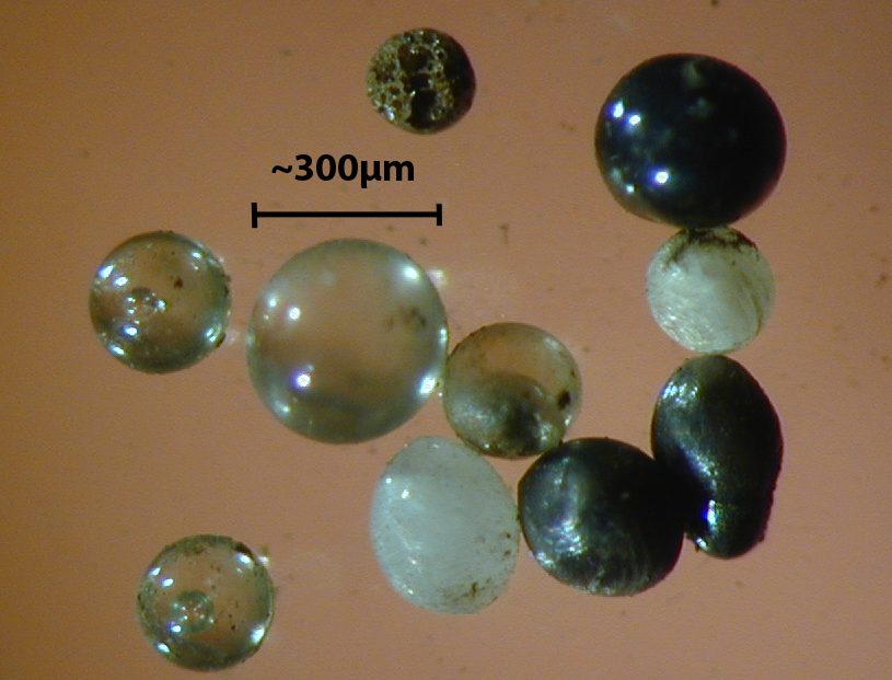 Ten stony cosmic spherules of varying colour and translucency in a single light-microscope field, with a scale bar marked about 300 micrometres.
