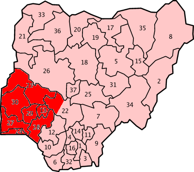 Map of the Yoruba-speaking region of Nigeria, Benin, and Togo