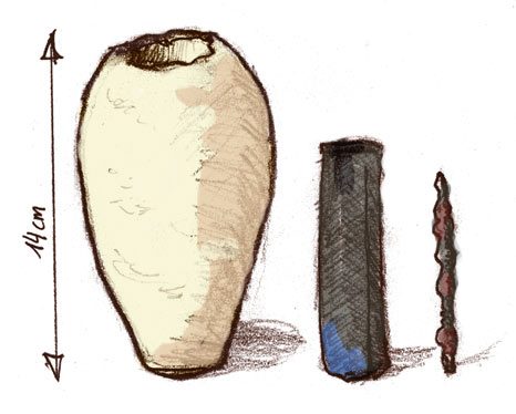 The Baghdad Battery: a clay jar containing a copper cylinder and iron rod, displayed as an ancient artifact