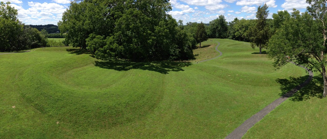 Aerial view of the Great Serpent Mound, a long earthen serpent effigy on a wooded ridge in Adams County, Ohio