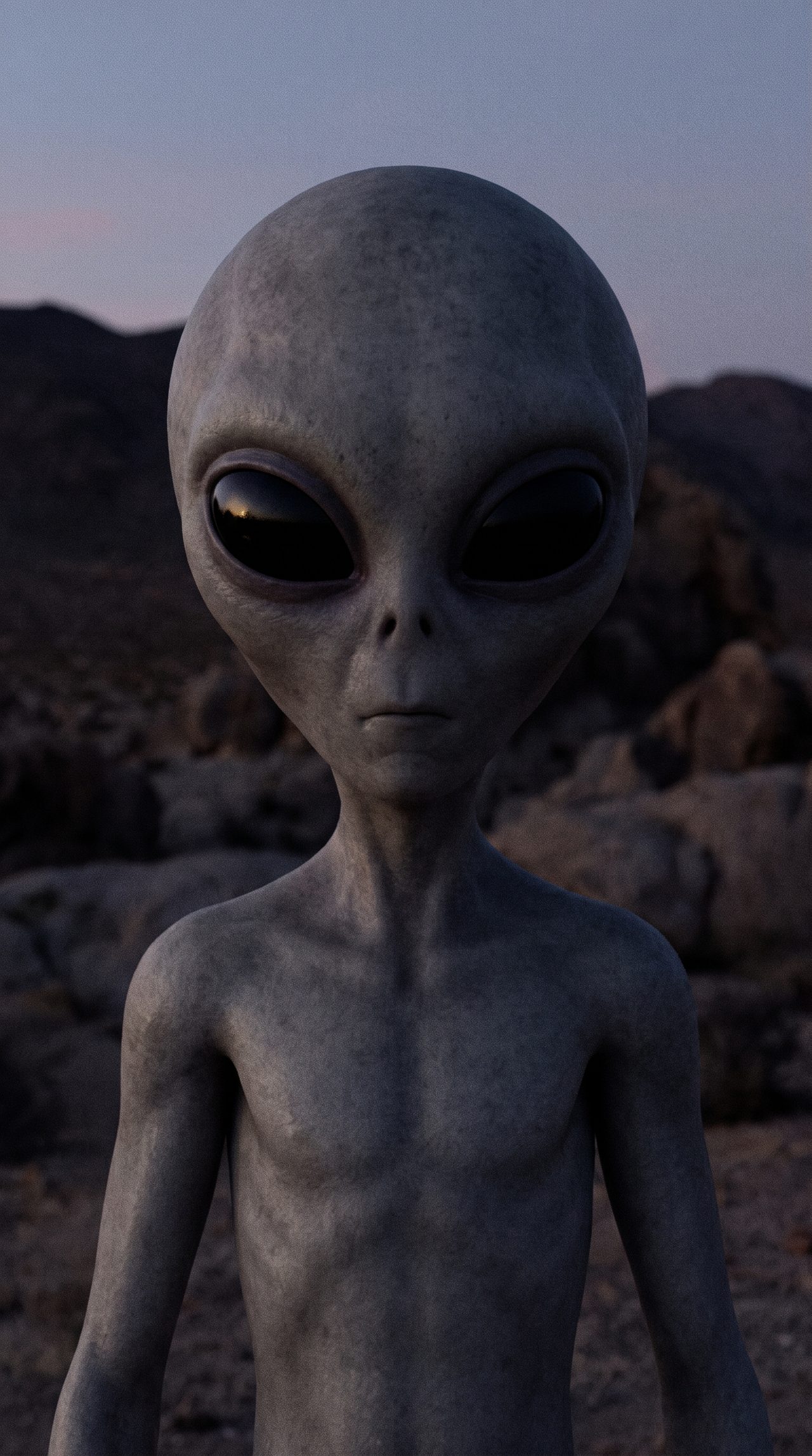An AI-generated artist's impression of the composite Grey face: smooth grey skin, an oversized bald head, huge black almond eyes