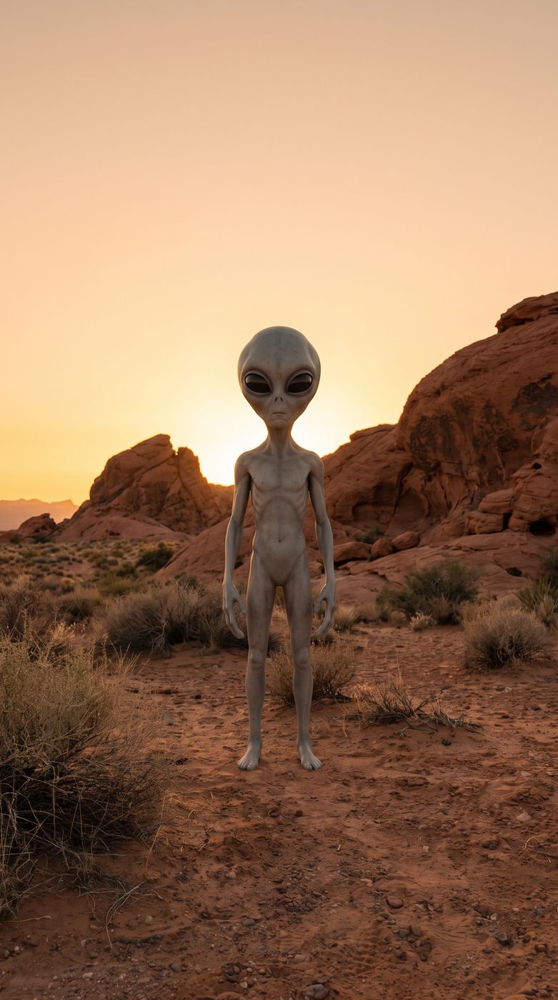 An AI-generated artist's impression of a Grey alien standing in a desert landscape at sunset