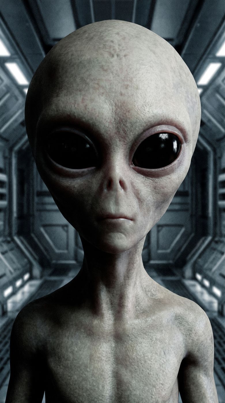An AI-generated artist's impression of a Grey alien portrait aboard a spacecraft interior