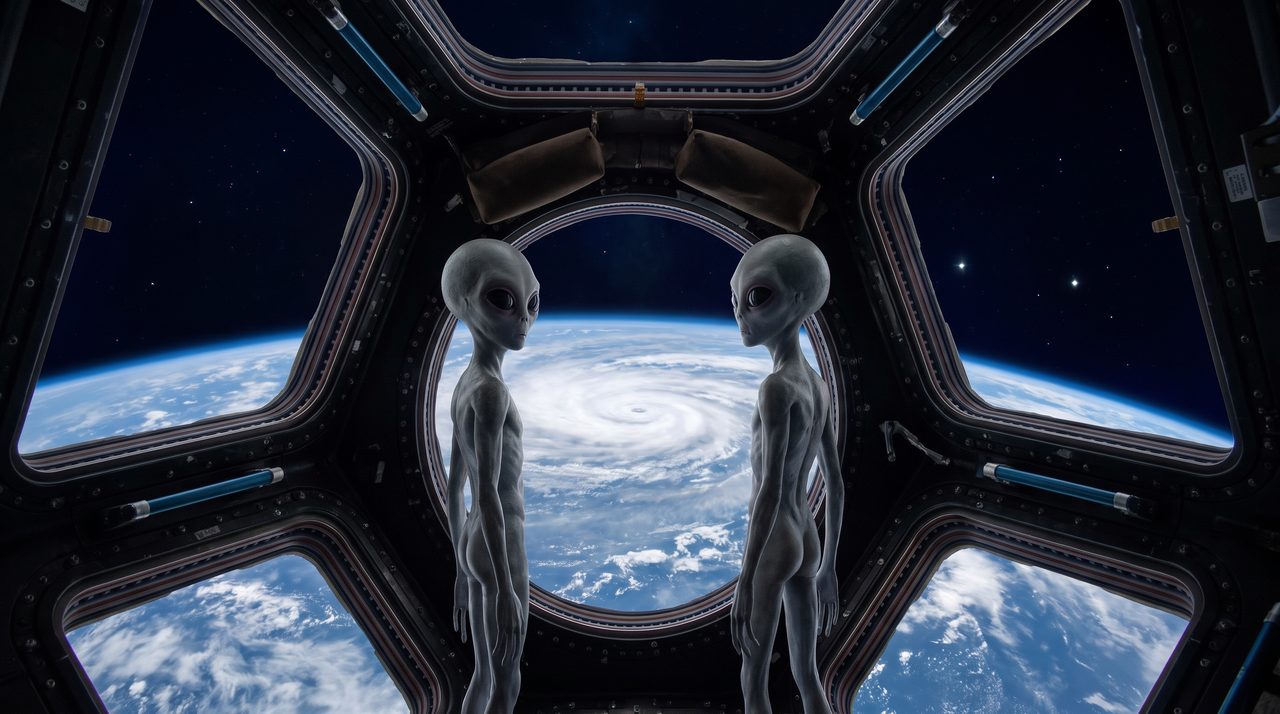 An AI-generated artist's impression of two Grey aliens looking out a spacecraft window at Earth