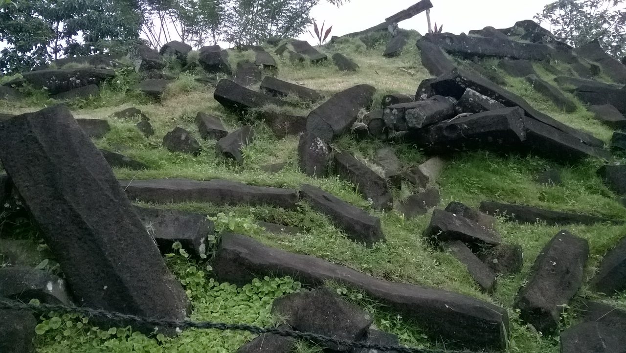 A low-angle wide view across a grassy, tree-lined hillside at Gunung Padang strewn with scattered, tilted columnar stone blocks of many sizes, a black chain barrier running across the lower left of the frame and a wooden post standing at the top edge, under overcast light