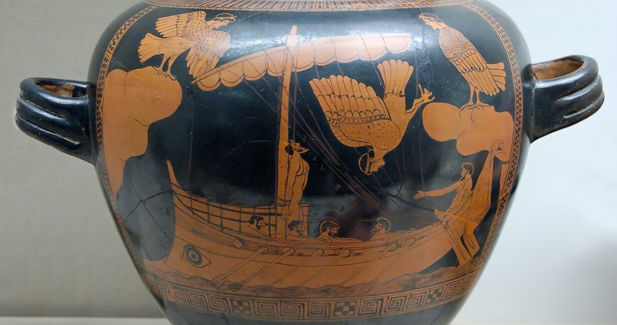 The Siren Vase: Odysseus bound to the mast of his ship as the Sirens fly overhead, Athenian red-figure vase, circa 480-470 BCE