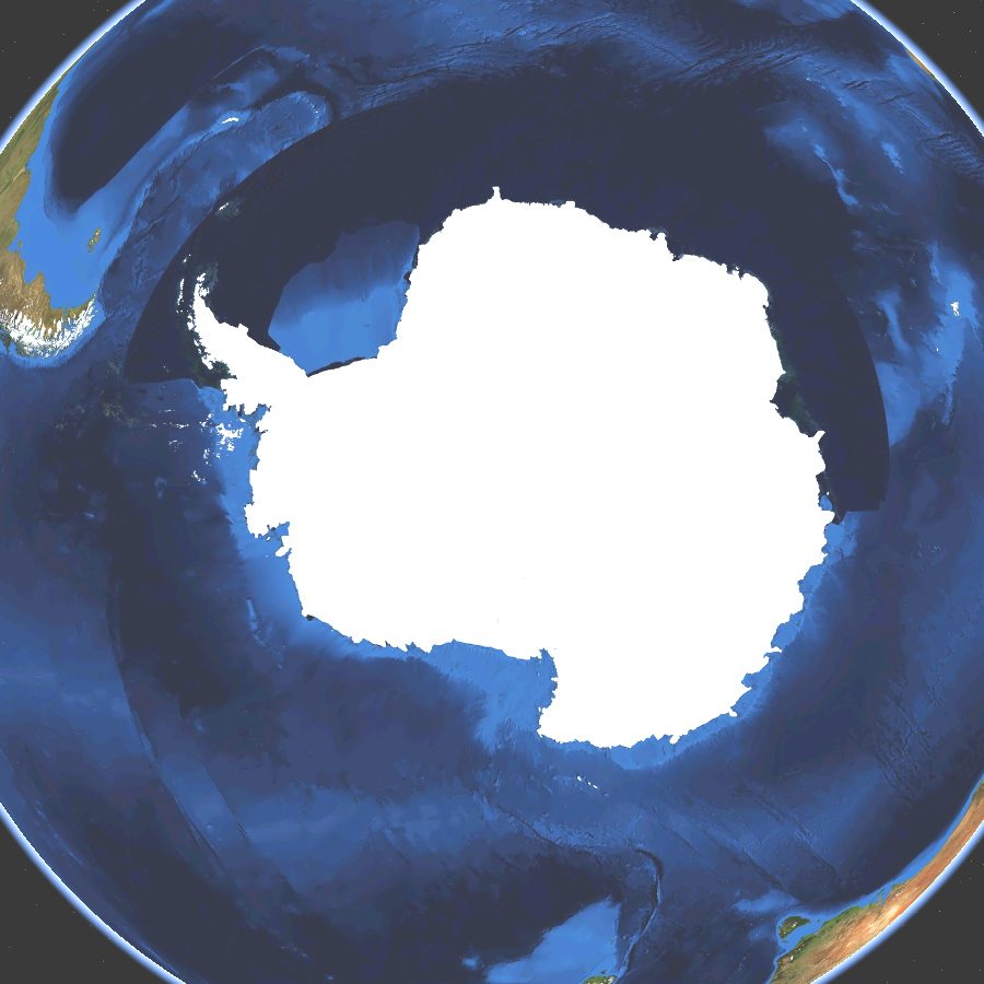 A satellite-data map of Antarctica showing the continent's land terrain and the surrounding ocean-floor bathymetry