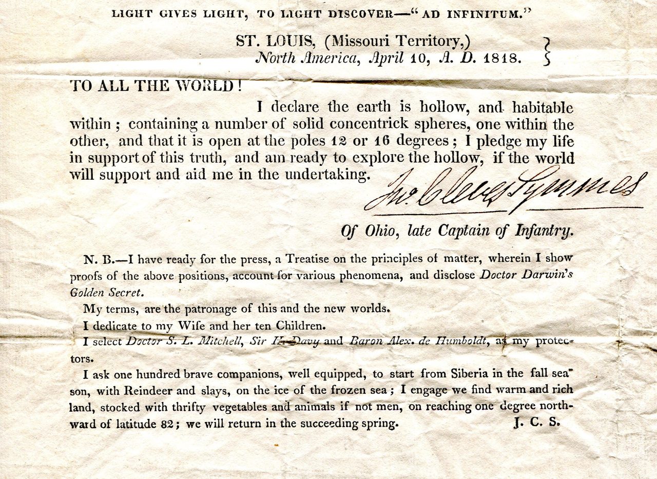 A scan of the printed Symmes Circular No. 1, dated 10 April 1818, announcing his hollow Earth theory