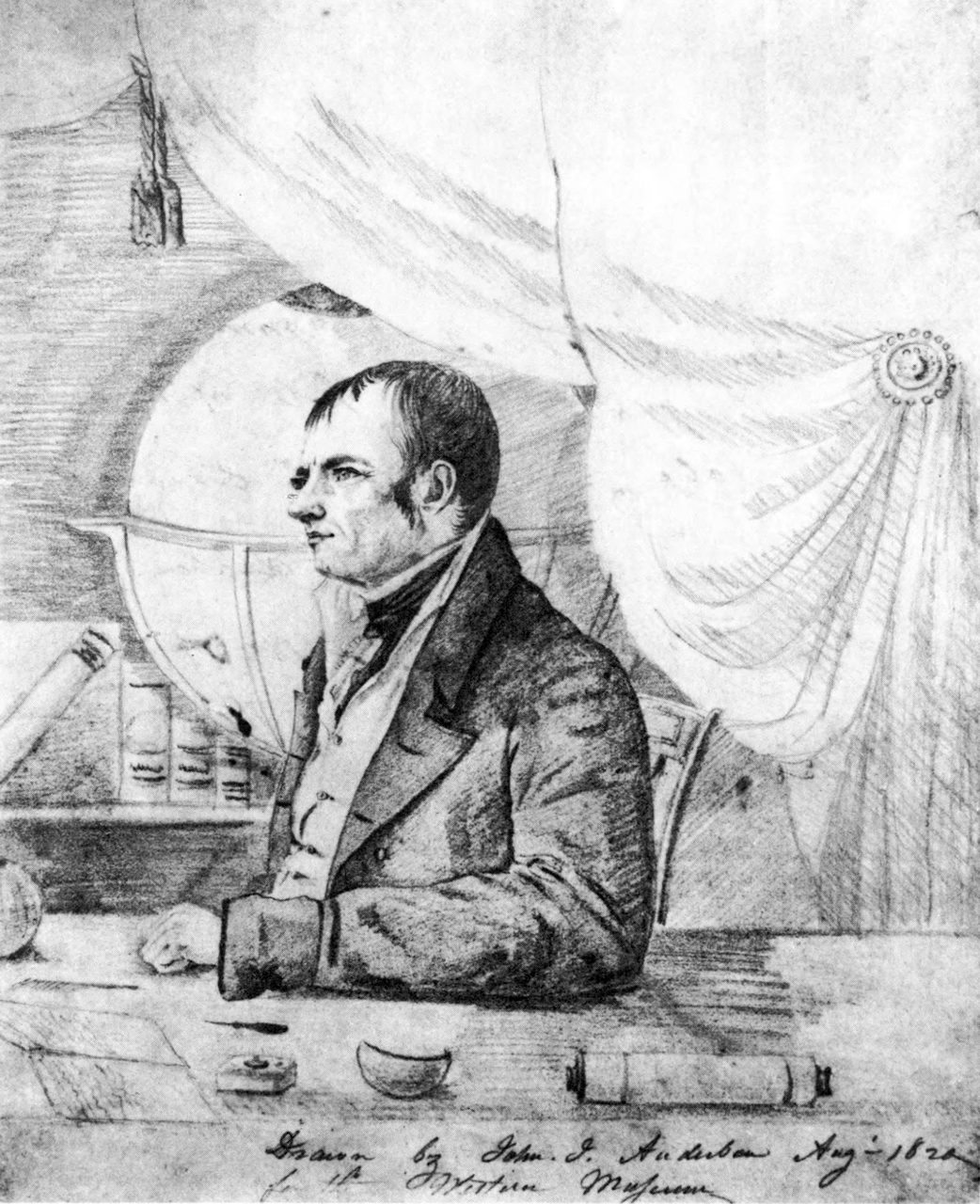 A pencil portrait of John Cleves Symmes Jr. seated at a table, with a large globe on a stand behind him