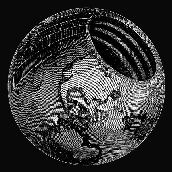 A 19th-century engraving of a gridded globe cut open at the top to reveal a large polar opening and concentric spheres inside