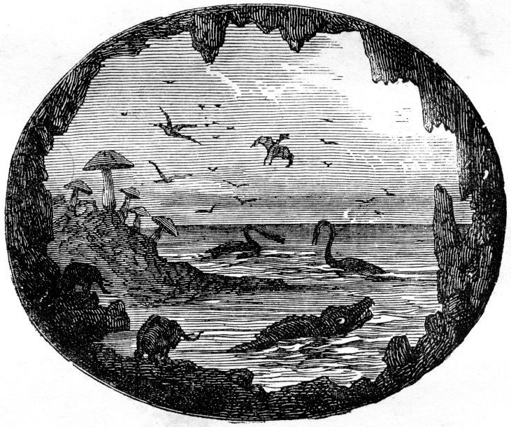A black and white illustration of a subterranean sea beneath a rocky roof hung with stalactites, with long-necked marine reptiles in the water and small winged shapes in the sky