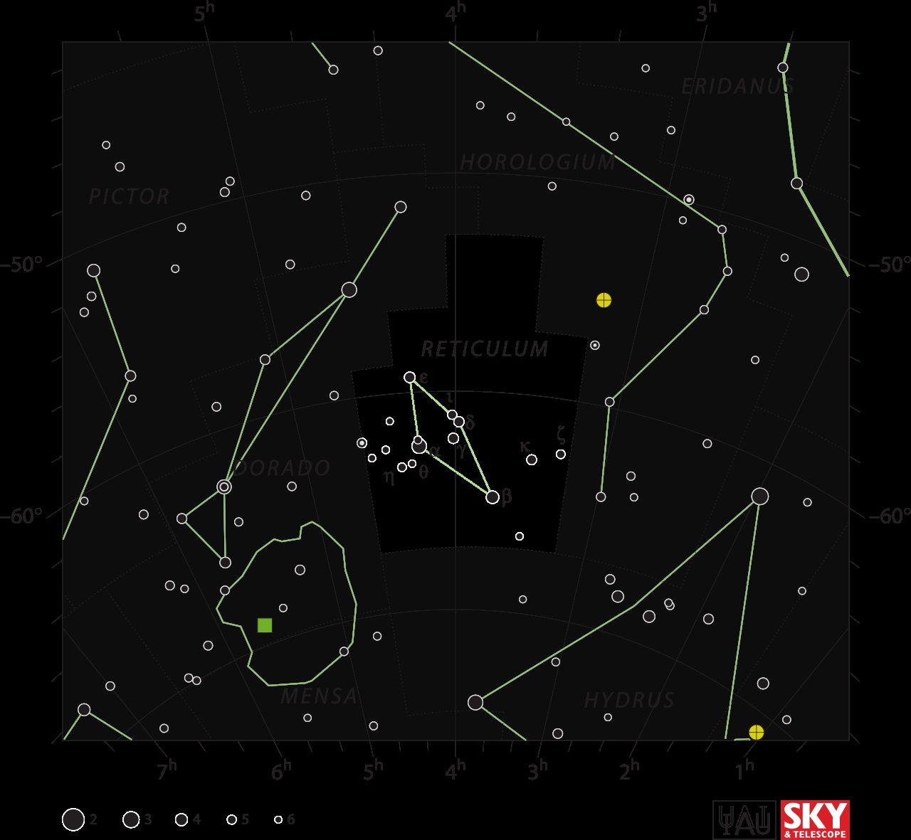 The IAU diagram of Reticulum, the faint southern constellation that gives Zeta Reticuli its name