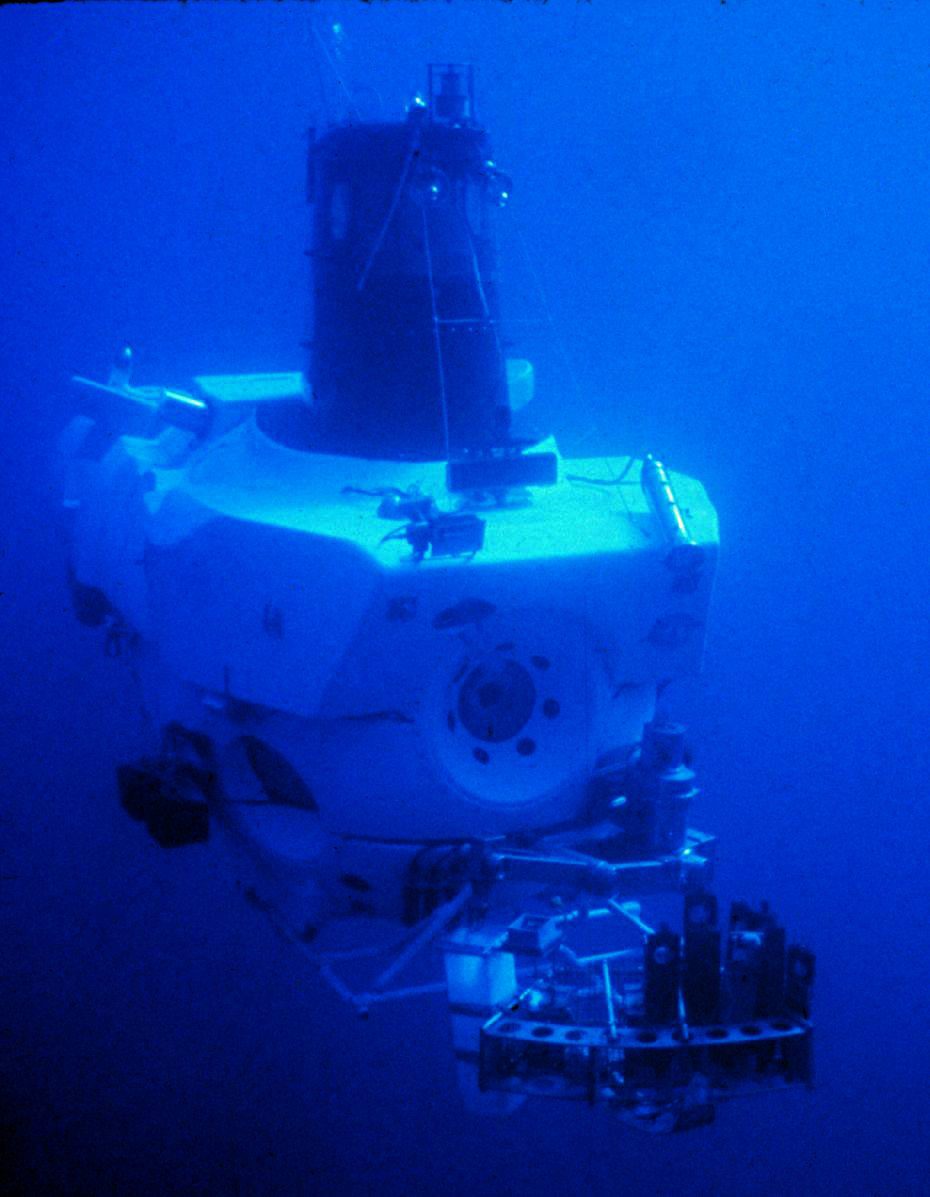 The deep-submergence research submersible Alvin of the Woods Hole Oceanographic Institution, photographed in 1978.