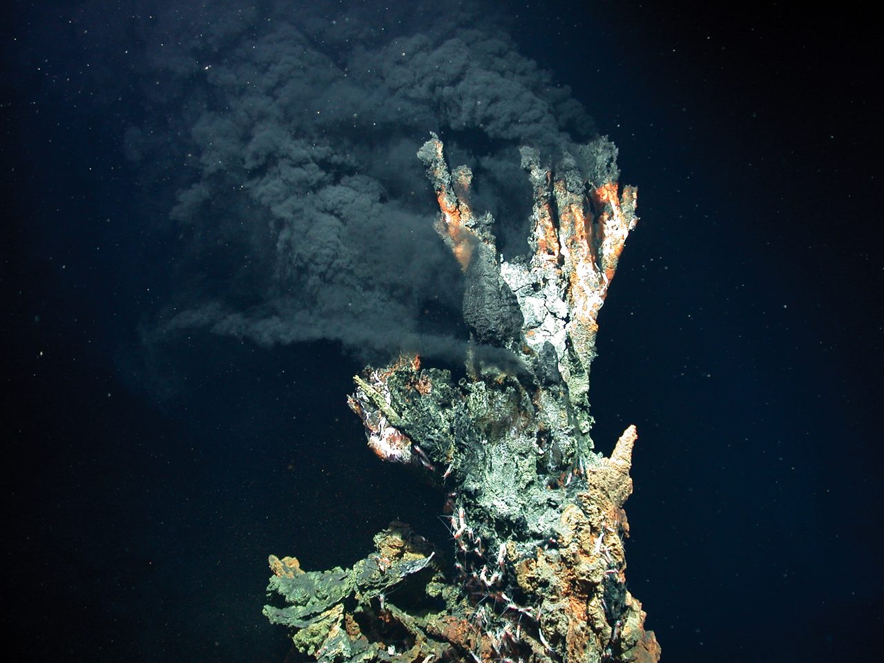 An active black smoker hydrothermal vent chimney on the deep seafloor, venting a dark plume of mineral-rich fluid into near-freezing water.