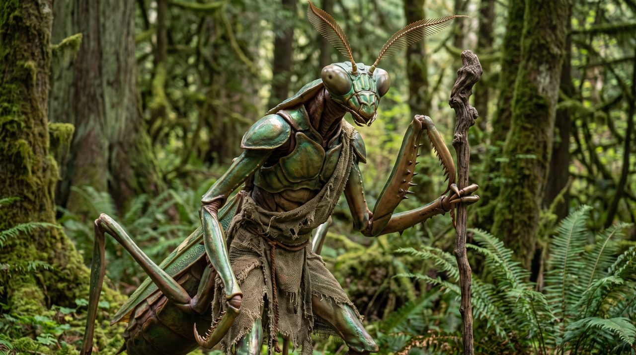 An AI-generated artist's impression of an armored mantis-like being holding a wooden staff in a forest