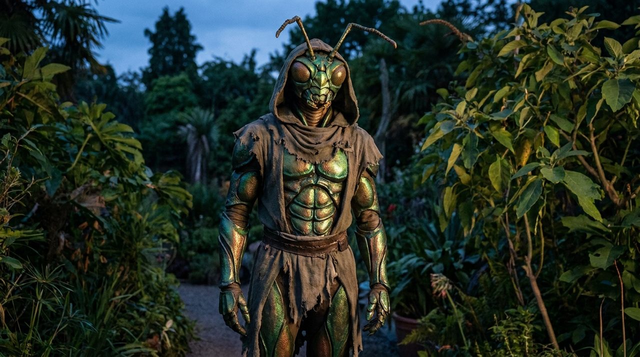 An AI-generated artist's impression of a hooded insectoid being standing in a moonlit garden at dusk