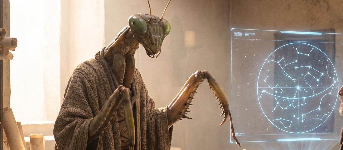 A green praying-mantis being in robes reading a glowing book