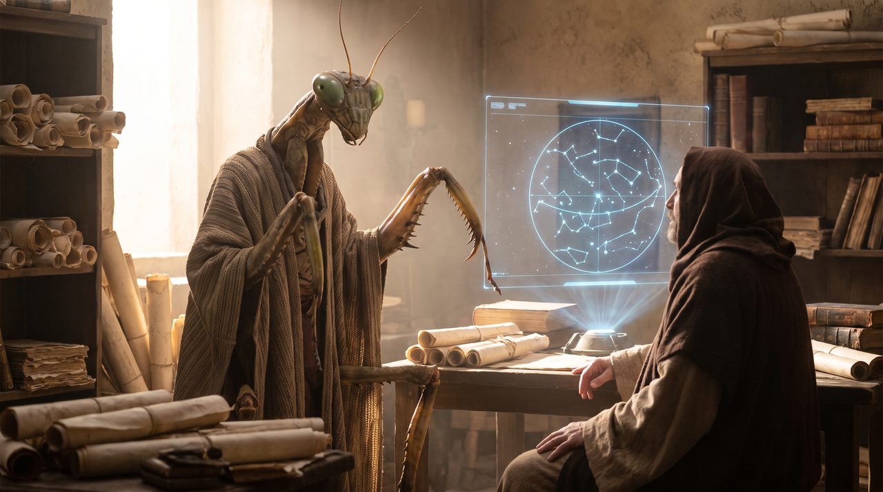 An AI-generated artist's impression of a robed mantis-headed being showing a hooded human a holographic star chart in a candlelit archive