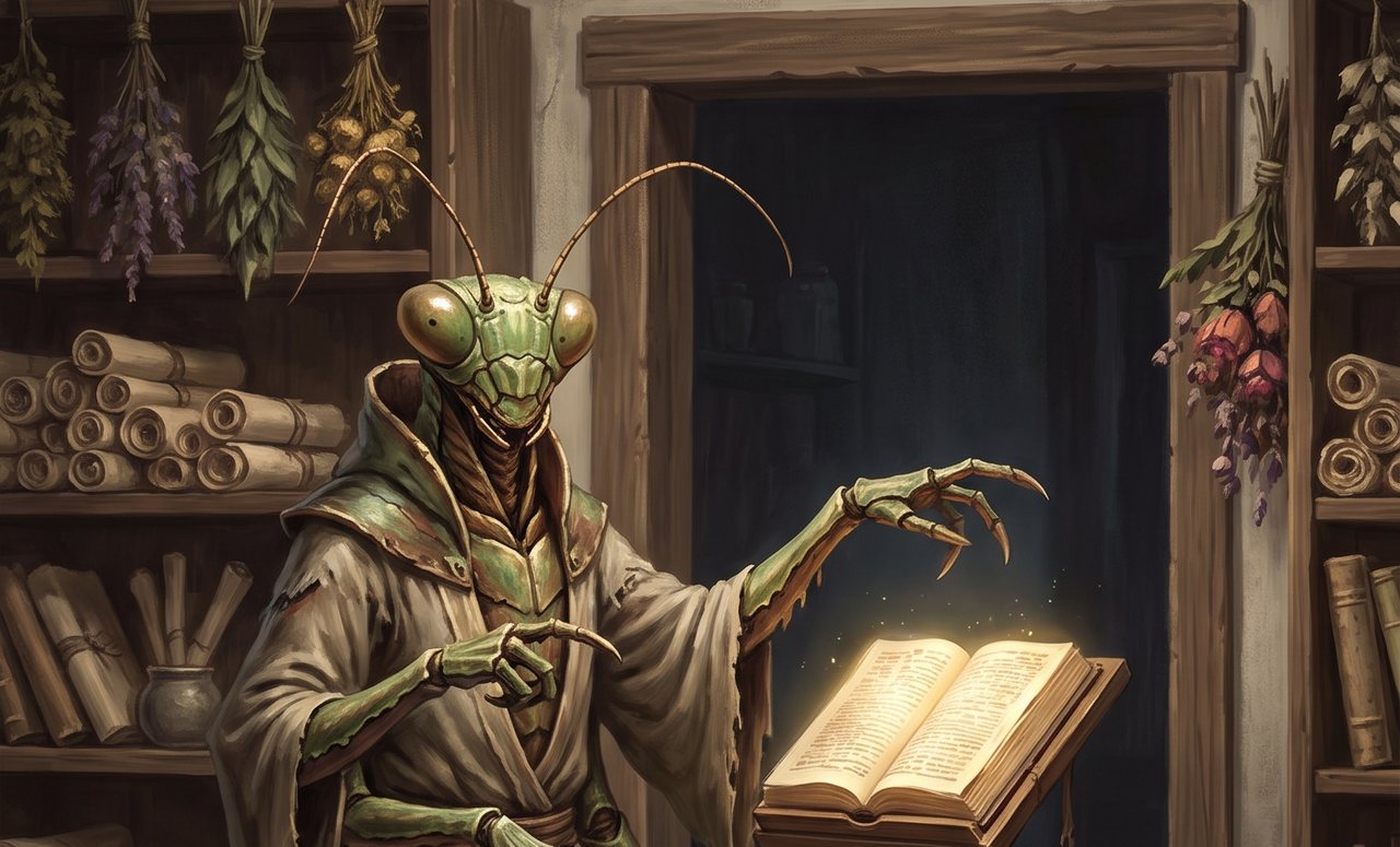 An AI-generated artist's impression of a robed mantis-headed being reading from a glowing book in a candlelit archive