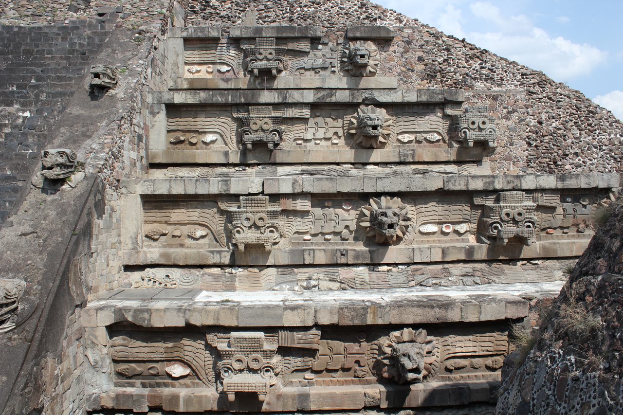 Facade of the Temple of the Feathered Serpent at Teotihuacan, showing sculpted serpent heads