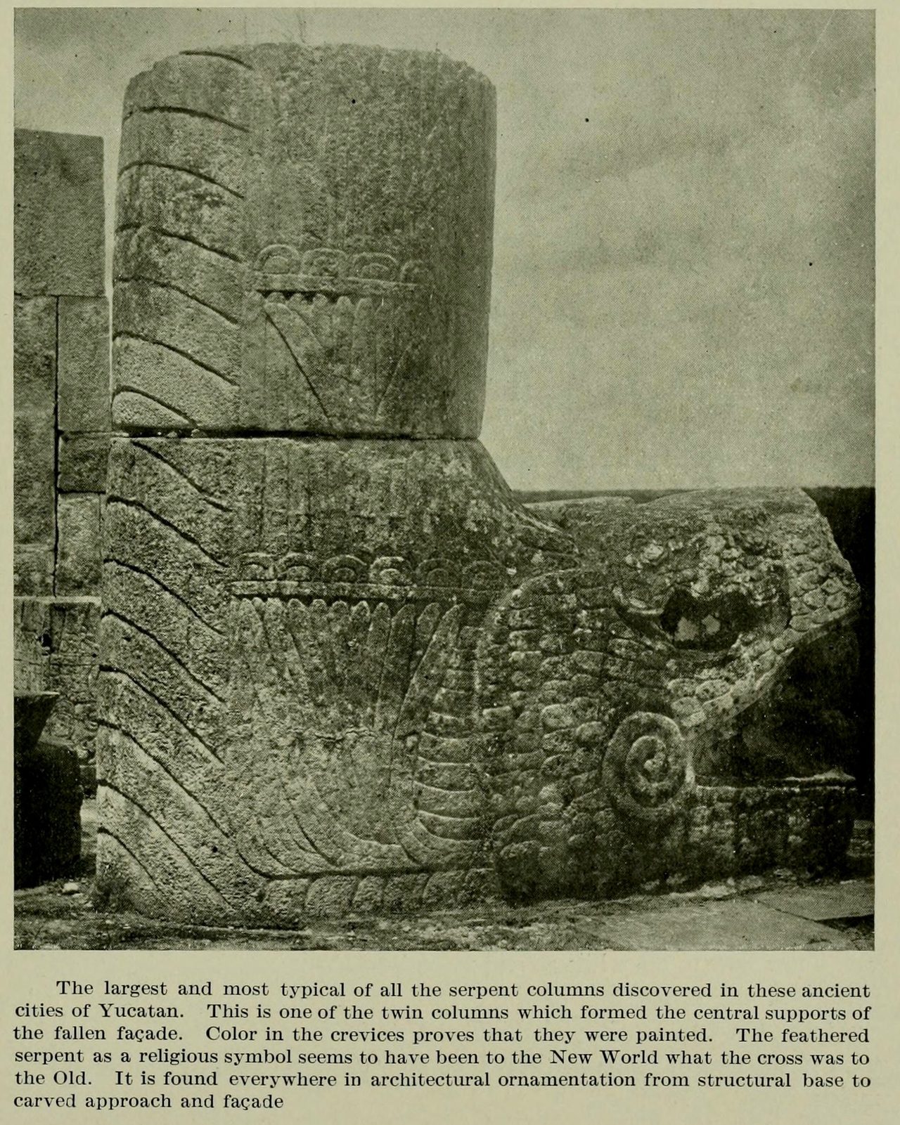 Serpent columns at the Upper Temple of the Jaguars, Chichen Itza, photographed in the early 1910s