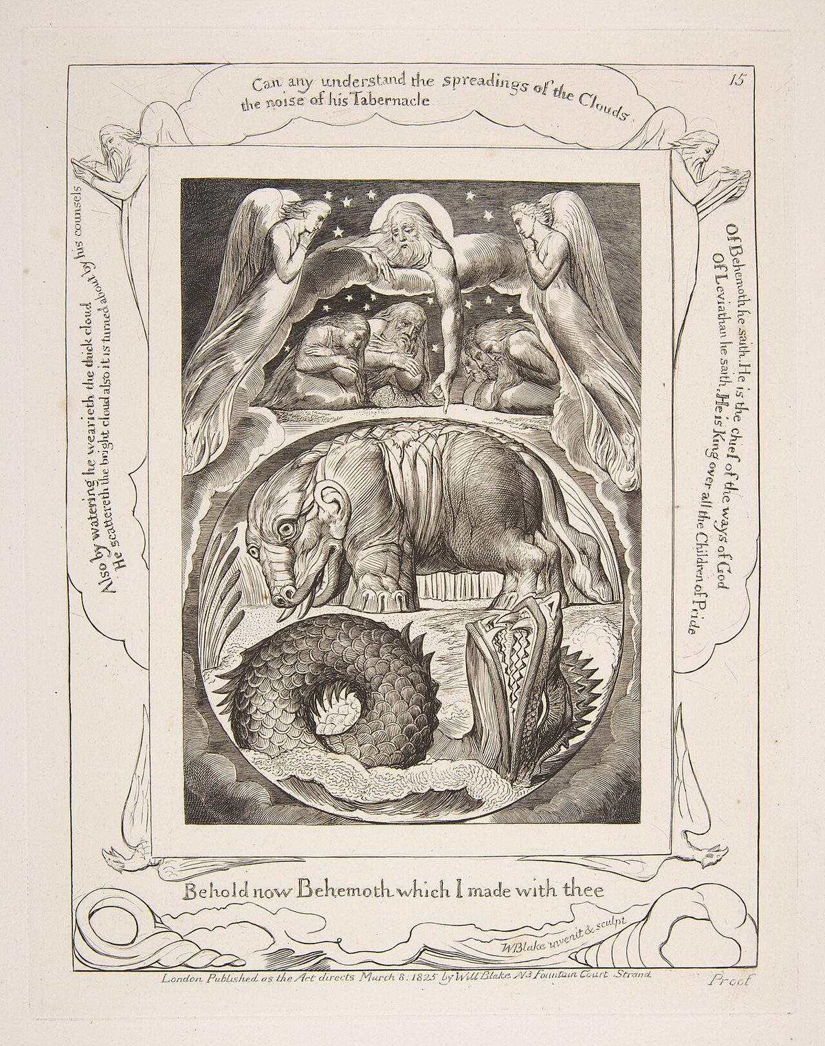 Blake's engraving of Behemoth above and Leviathan below, framed in a circle