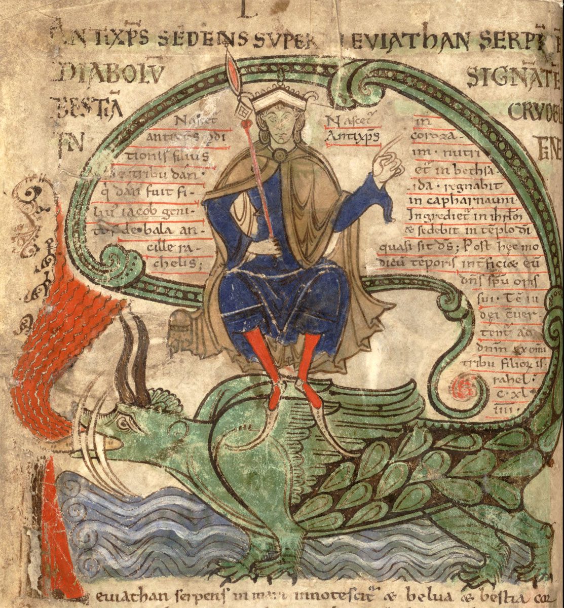 A medieval Latin manuscript illustration of a crowned figure seated on a large horned sea beast in water