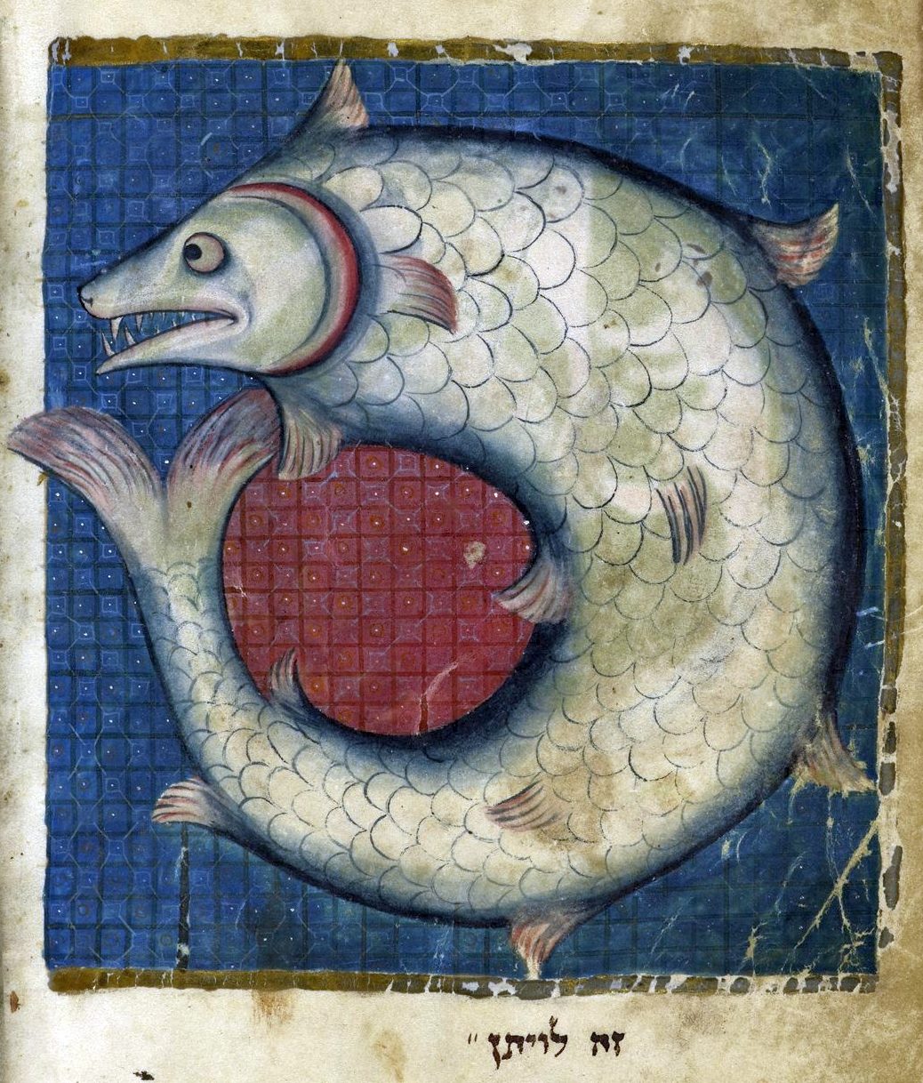 A medieval Hebrew manuscript page showing a coiled sea creature