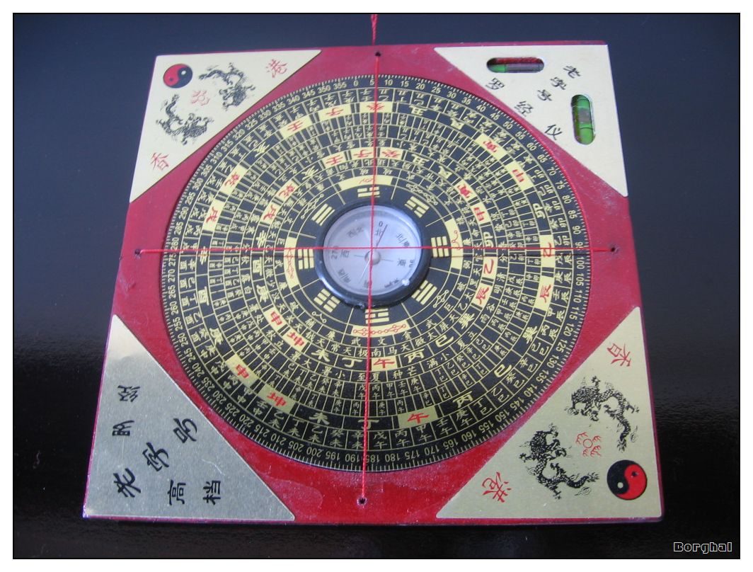 A traditional Chinese luopan, a feng shui compass with concentric rings of characters around a central magnetic needle