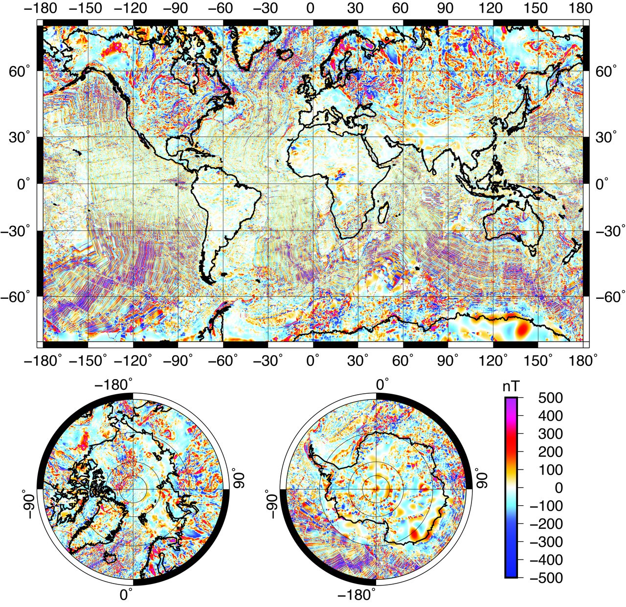 The World Digital Magnetic Anomaly Map, a global map showing measured highs and lows in Earth's magnetic field as red and blue patches