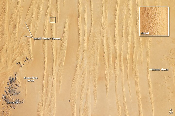 An astronaut photograph of the linear dunes of the Great Sand Sea in southwestern Egypt, showing regularly spaced parallel sand ridges with darker ground between them.