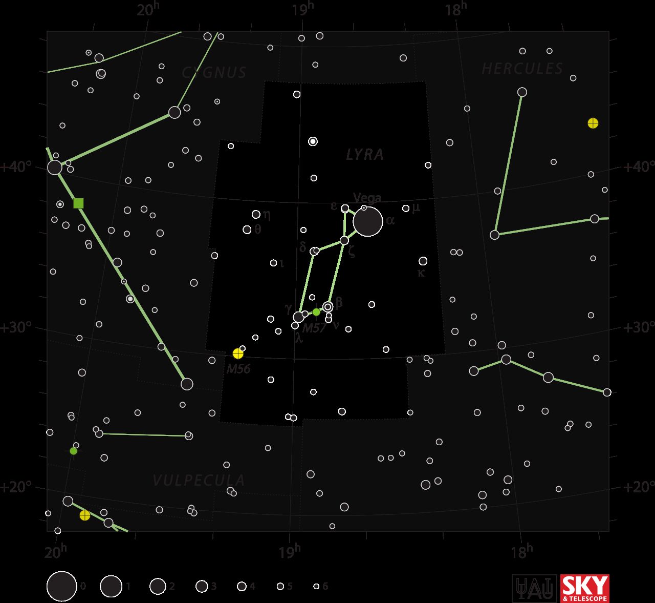 An IAU star chart of the constellation Lyra, with Alpha Lyrae identified as the star Vega