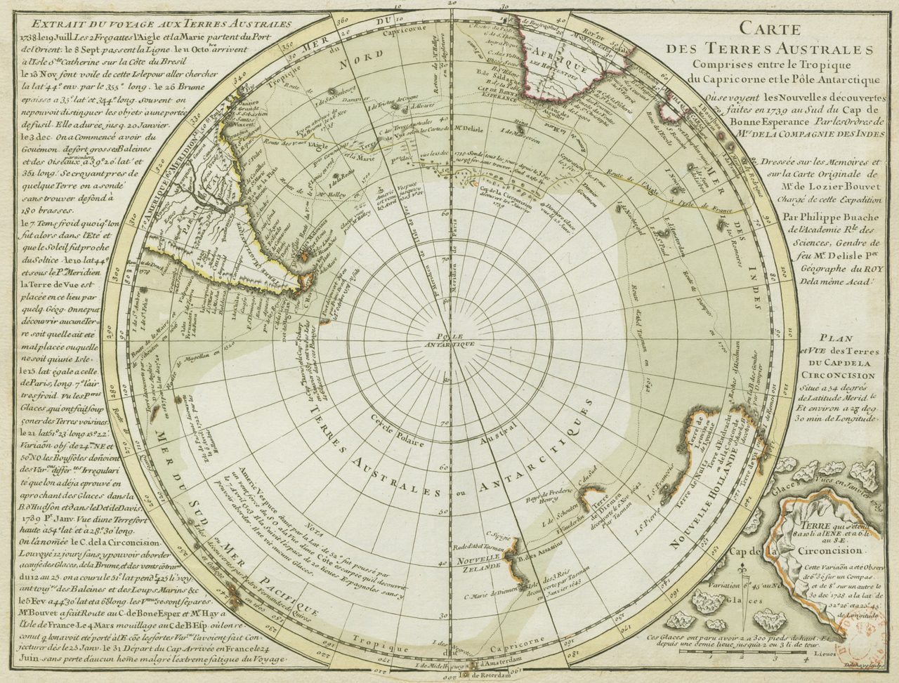 Philippe Buache's 1739 Carte des Terres Australes, showing a divided southern landmass in the position of Antarctica