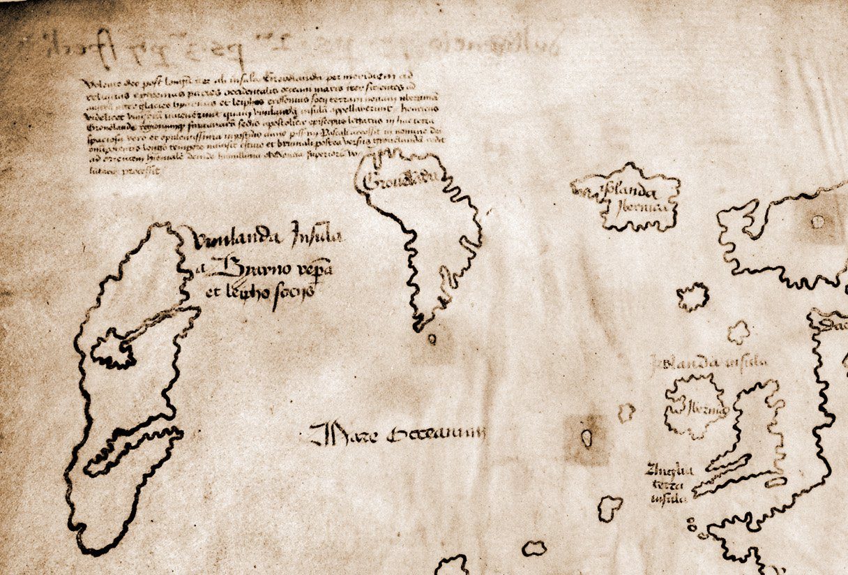 Detail of the Vinland Map showing the Atlantic coastline and the 'Vinilanda Insula' label for the landmass identified as North America