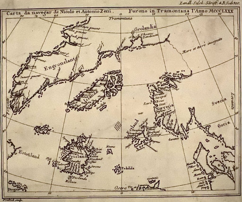 The 1558 Carta da Navegar, Nicolò Zeno the Younger's chart of the North Atlantic showing a distorted Greenland and the island of 'Frislanda'